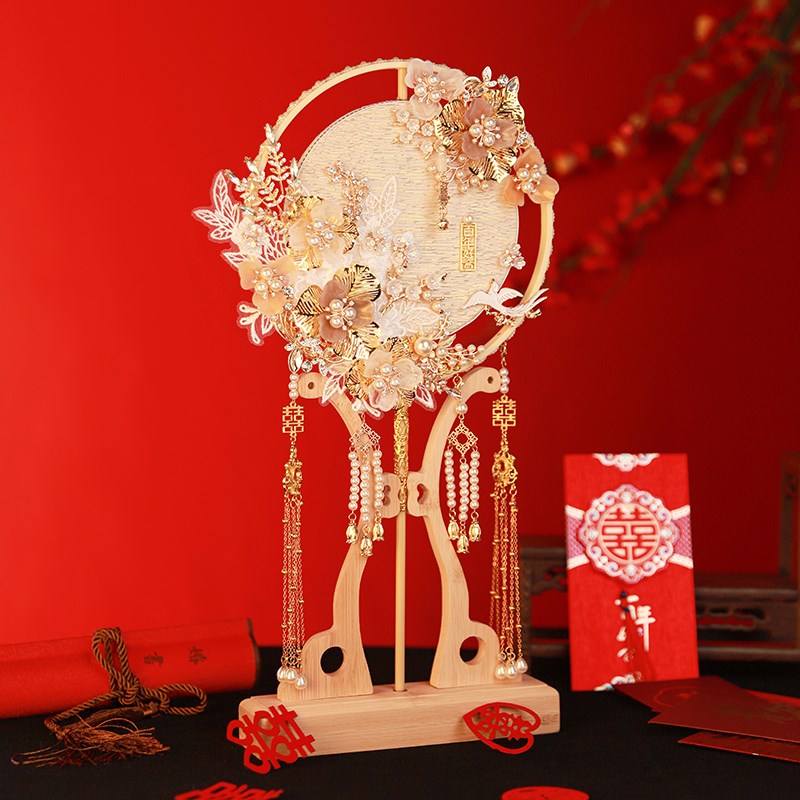 舞绣缘婚扇中式团扇diy材料包新娘晨袍喜扇古风香槟色婚礼手捧花
