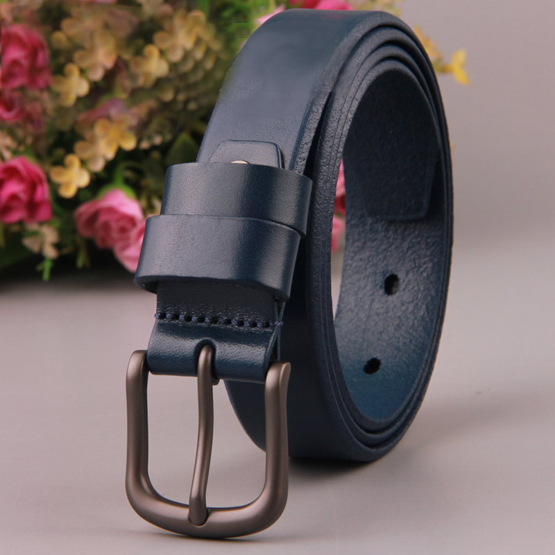女士皮带真皮简约光身休闲百搭牛仔裤带头层纯牛皮纯皮腰带女蓝色