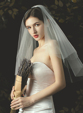 求婚登记领证小头纱法式发饰简约短款双层新娘结婚婚纱拍照发夹