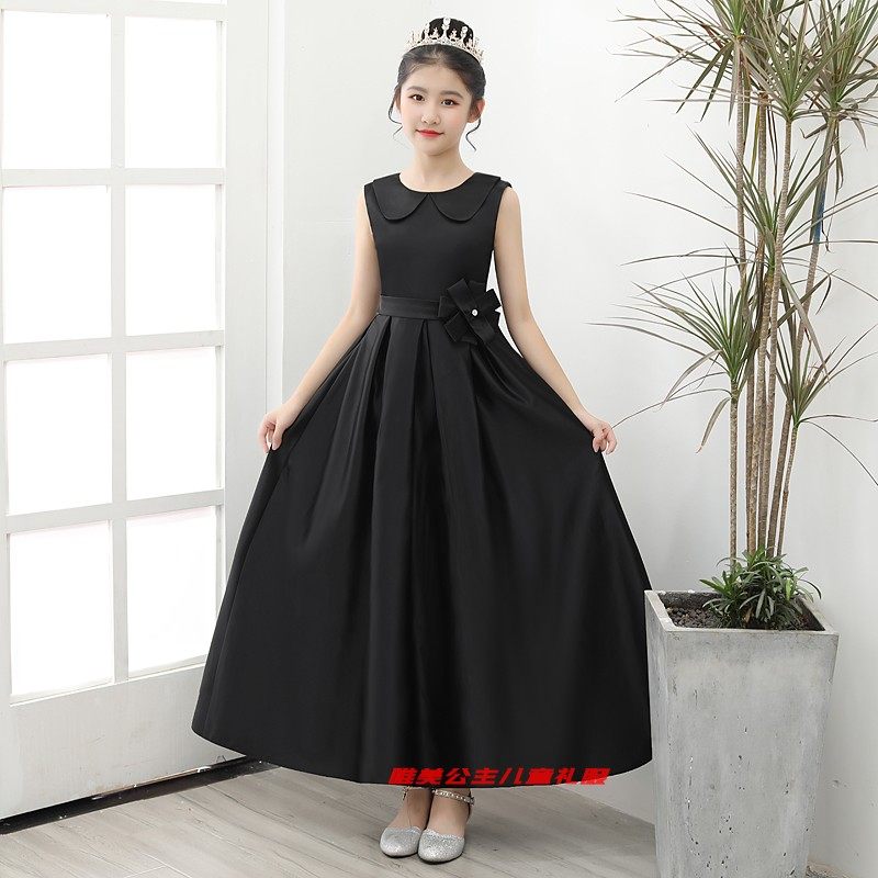 黑色长款儿童礼服中国风合唱大童少女演出服钢琴大提琴演奏服生日