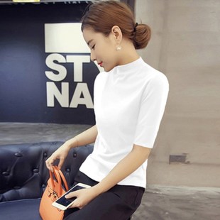 新款 春秋冬季 女紧身五分袖 针织打底衫 上衣内搭白色毛衣 半高领中袖