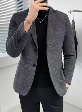 休闲西装男士外套修身韩版潮流帅气秋冬套装毛呢子小西服上衣单件