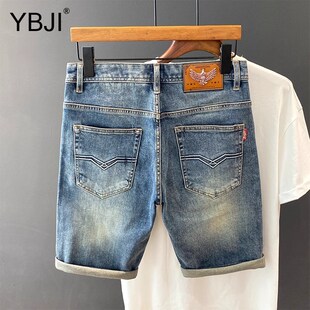 薄款 小直筒高级感六分中裤 牛仔短裤 五分轻奢烫印弹力修身 男士 夏季