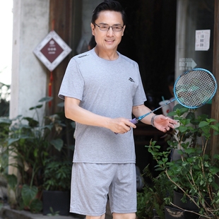 中年男士 爸爸短袖 纯棉运动服中老年人休闲运动套装 夏装 两件套 短裤