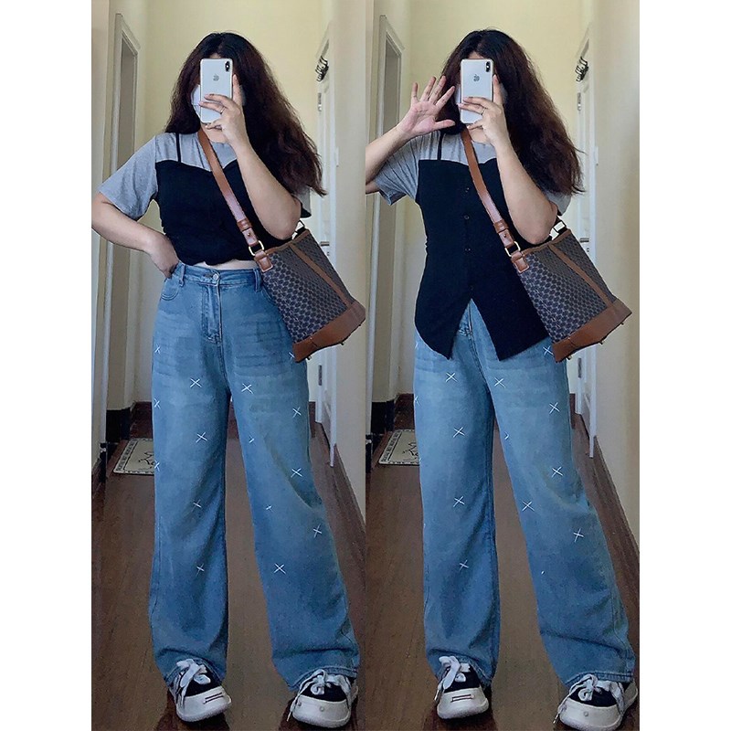 300斤大码女装复古刺绣直筒牛仔裤女夏季胖mm裤子宽松显瘦阔腿裤