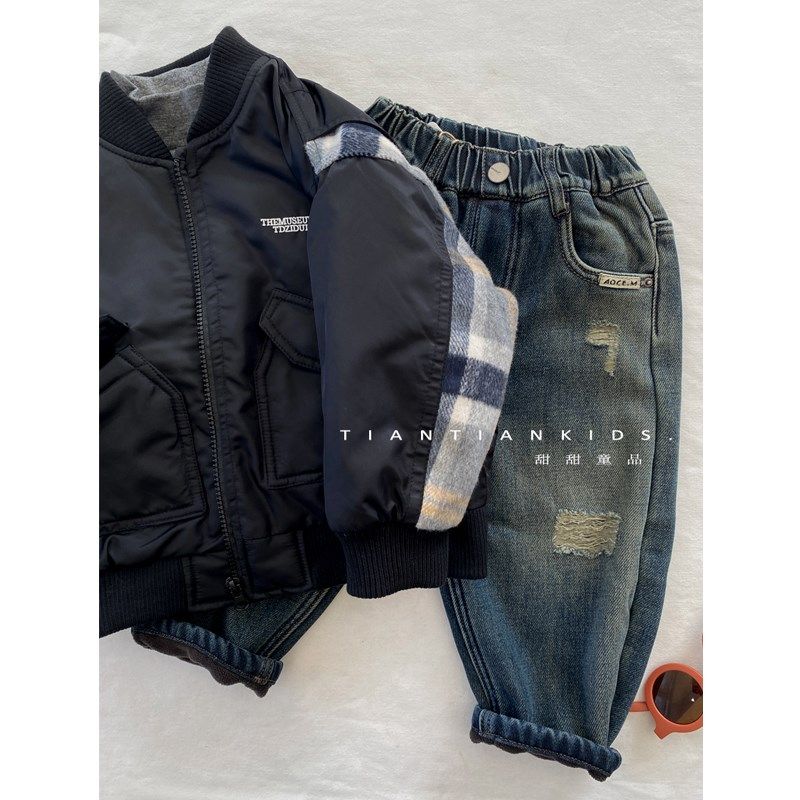 【我是小童】韩版拼接格子夹棉外套男童秋冬女宝棉衣拉链衫棒球服