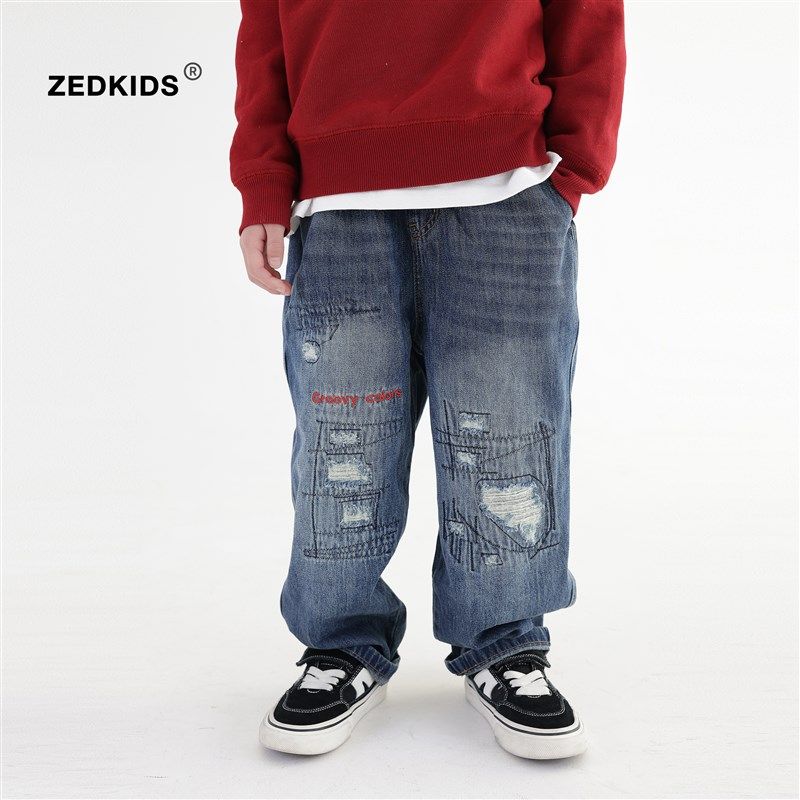 儿童薄款牛仔裤春秋季男童裤子日系风刺绣字母破洞超软牛仔长裤潮