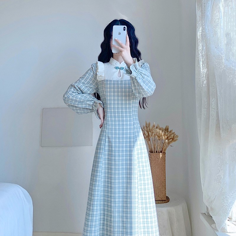 秋冬2021新款女装裙子温柔风长袖格子收腰显瘦法式改良旗袍连衣裙