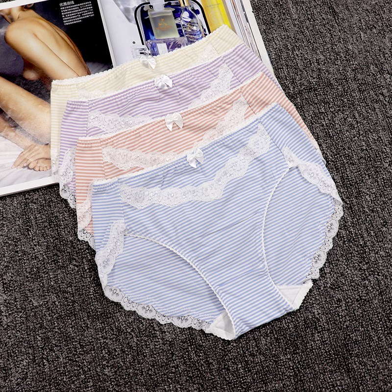 女士日系纯棉甜美三角裤蕾丝边包臀条纹棉质面料无痕中高腰内裤
