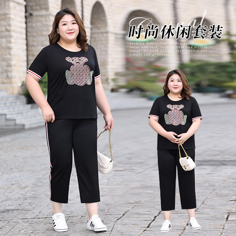 大码女装胖mm烫钻短袖运动休闲套装夏装新款胖妈妈气质显瘦两件套