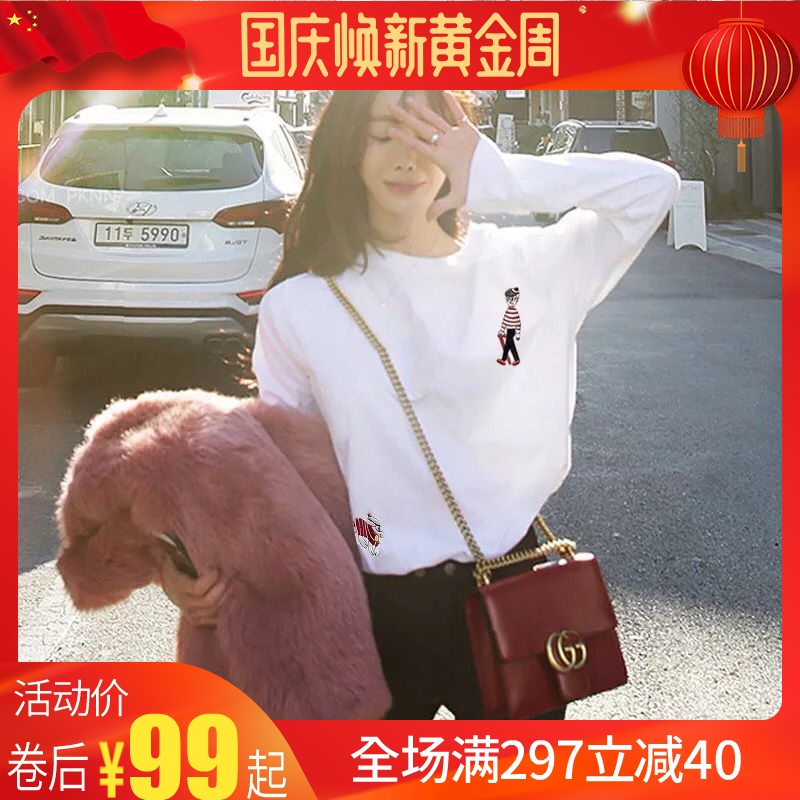 2021秋冬白色纯棉t恤女长袖宽松圆领韩版体恤女加厚 加绒打底衫