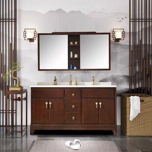 现代新中式实木浴室柜落地式双人双台盆柜洗脸盆柜组合卫浴柜定做