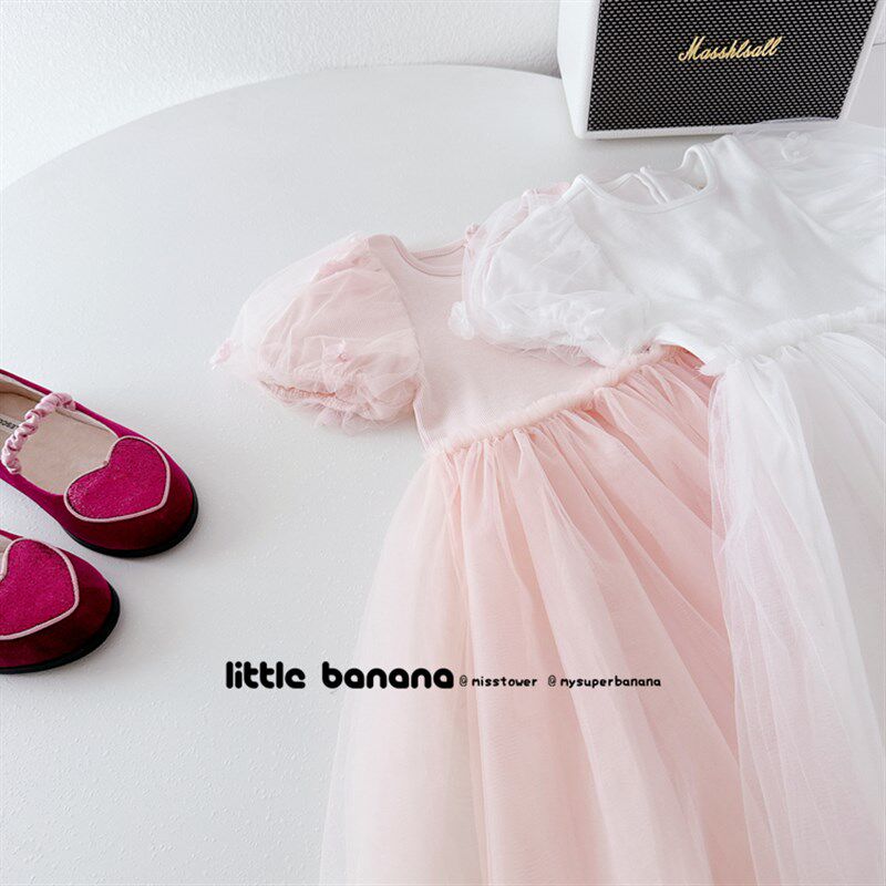 纯尾 六一韩国童装女童夏款蕾丝公主短袖简约气质拼接纱裙连衣裙