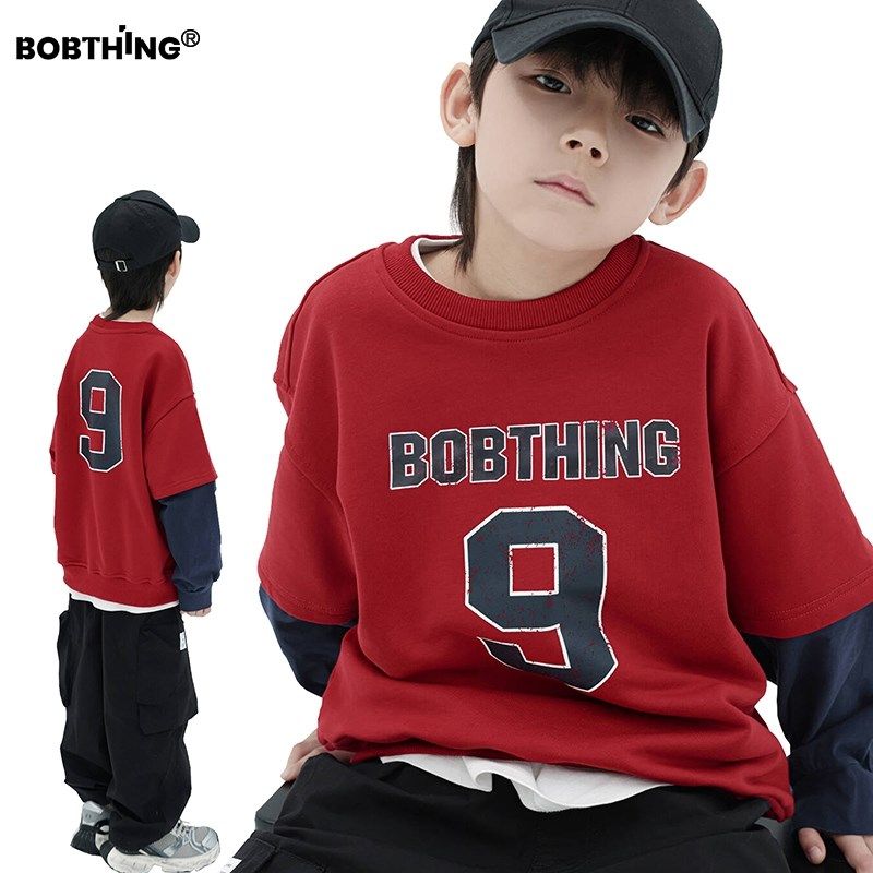 儿童数字字母红色假两件卫衣春秋圆领打底衫男童运动上衣潮牌童装