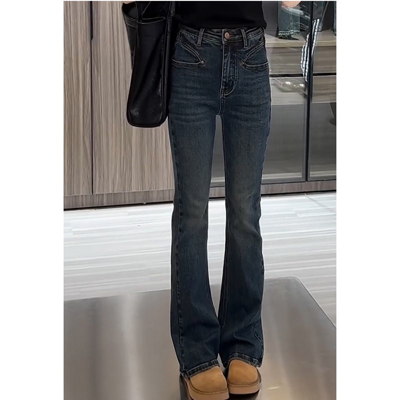 2024冬季新款大码高腰弹力加绒牛仔裤女胖mm梨型身材显瘦喇叭裤子