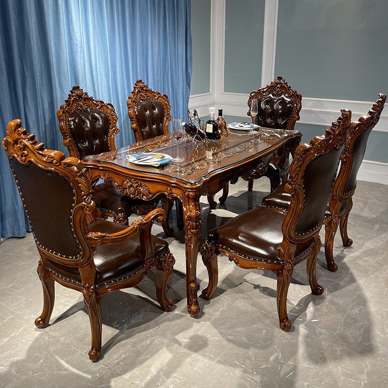 欧式雕花餐桌椅组合 美式镂空雕花钢化玻璃别墅家具6人长方形饭桌