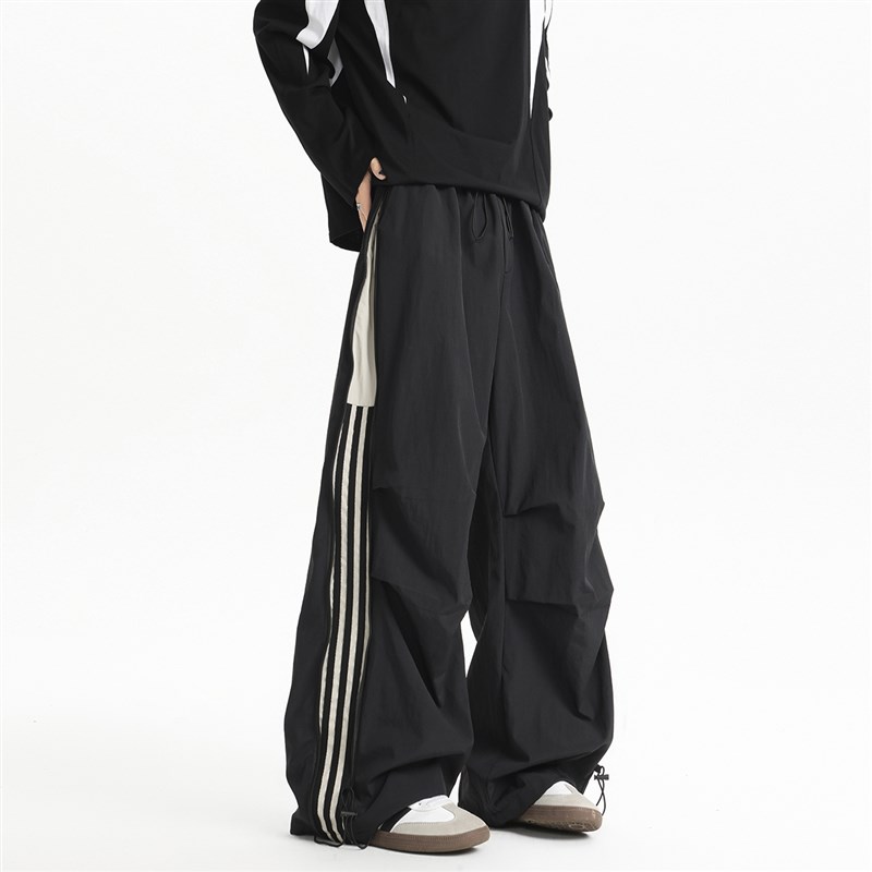夏季侧边拉链条纹冲锋裤男生裤子潮牌美式宽松直筒阔腿运动休闲裤