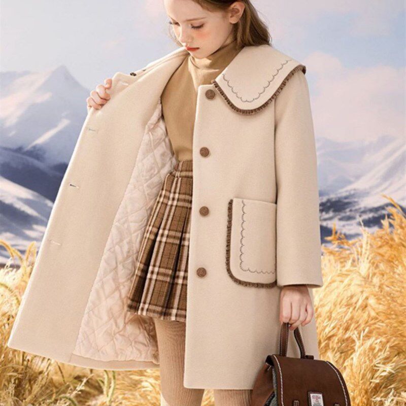 秋冬加厚女童呢子外套小女孩毛呢大衣新年装儿童中长版夹棉风衣潮