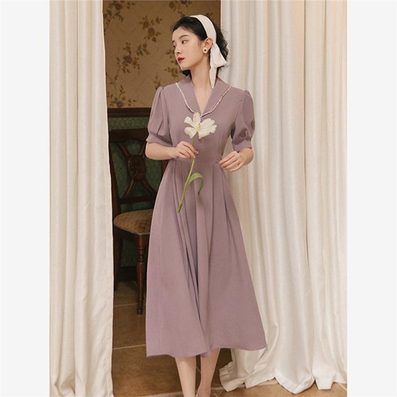 夏季法式茶歇连衣裙女装2025新款温柔风可甜可盐裙子复古收腰长裙