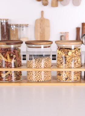 跨境750ml相思木盖密封罐玻璃储物罐竹架套装配量勺厨房收纳整理