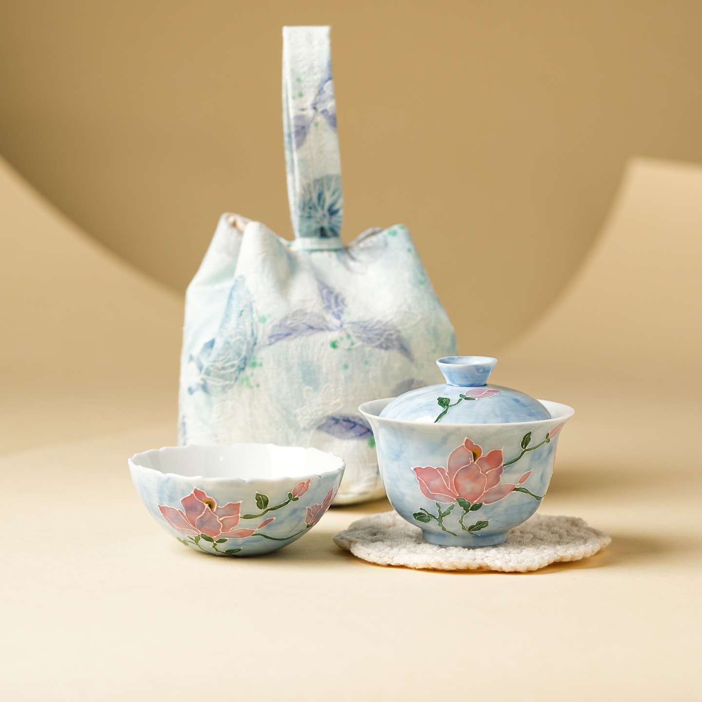 雾蓝玉兰花快客杯陶瓷便携式旅行茶具一人饮盖碗茶杯户外泡茶套装