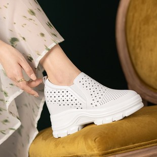 女真皮松糕休闲百搭厚底一脚蹬女鞋 镂空内增高单鞋 新款 9cm春夏季