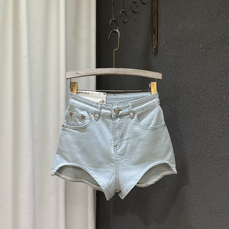 2023夏季新款时尚修身百搭高腰紧身水洗弹力阔腿牛仔短裤女热裤薄