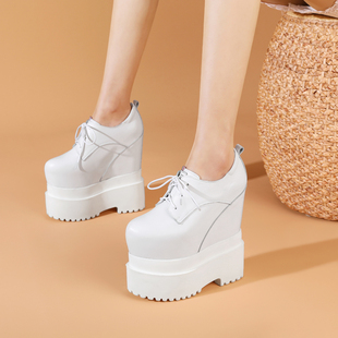 白色超高跟18cm内增高女真皮鞋 厚底松糕防水台 秋冬3233小个子小码