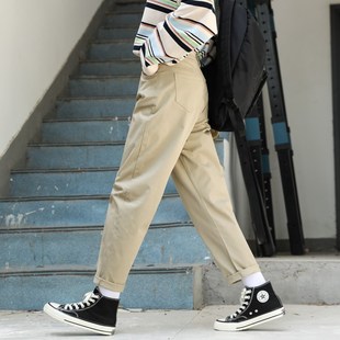 春秋小个子休闲哈伦萝卜老爹锥形九分 裤 卡其色裤 子女宽松直筒工装
