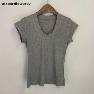 欧货25夏季 百搭短袖 新款 上衣修身 T恤女 圆领螺纹棉质纯色短款 美式