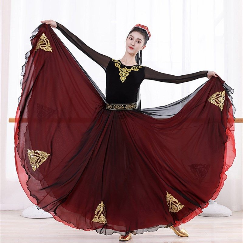 新款新疆舞蹈练习裙套维族舞艺考演出服装维吾尔族服饰双层大摆裙