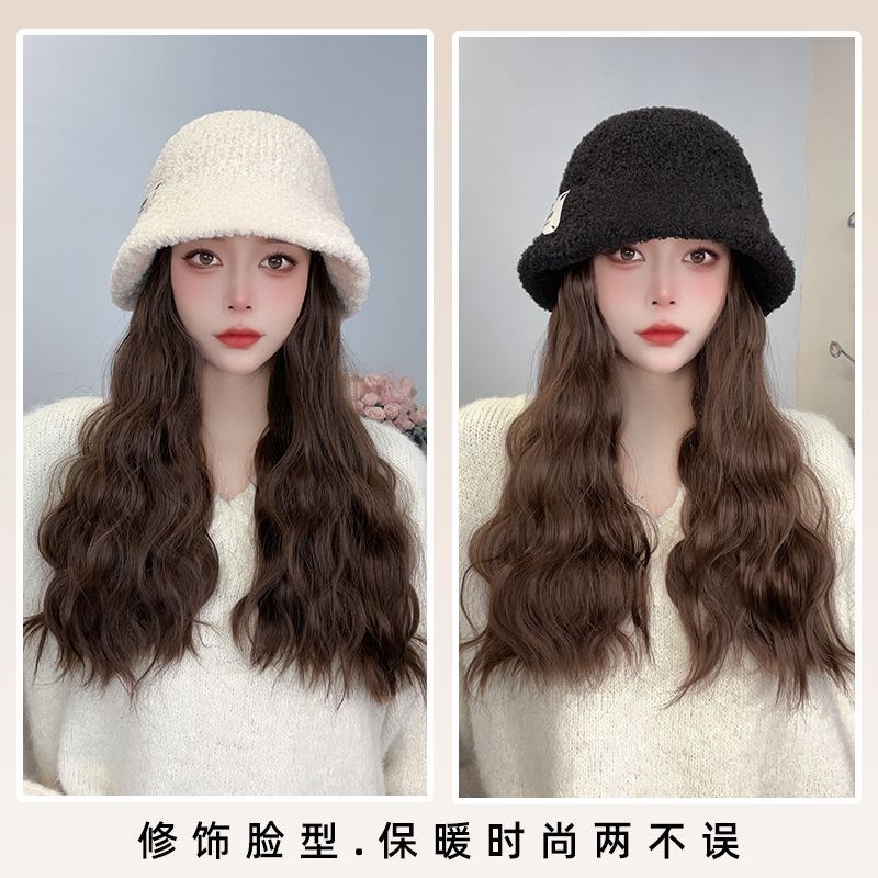 若兰网红侧标渔夫帽子假发一体蓬松自然长卷发水波纹百搭假发帽子