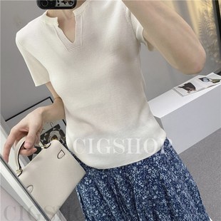 短袖 春夏元 通勤针织衫 显白细腻纯羊毛小V领修身 T恤女上衣 气色