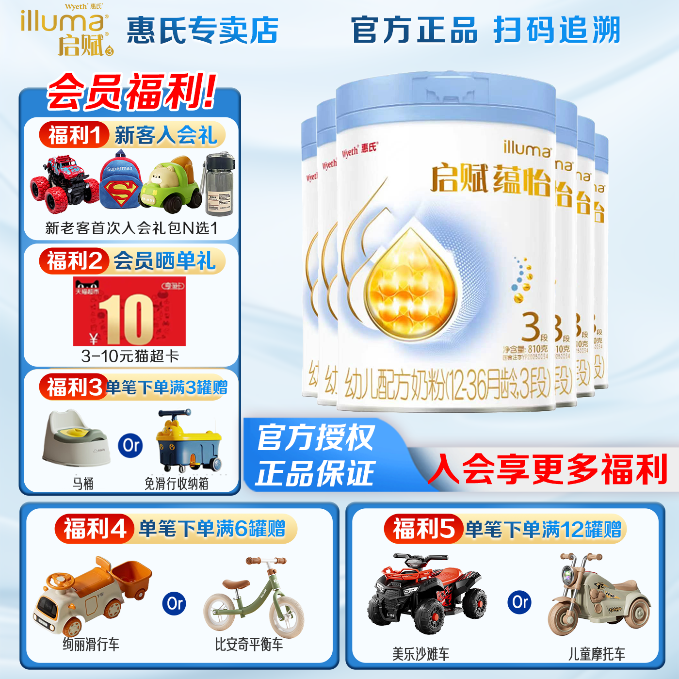 【2件减400券+金币50元】惠氏启赋蕴怡3段810g*6罐婴幼儿奶粉