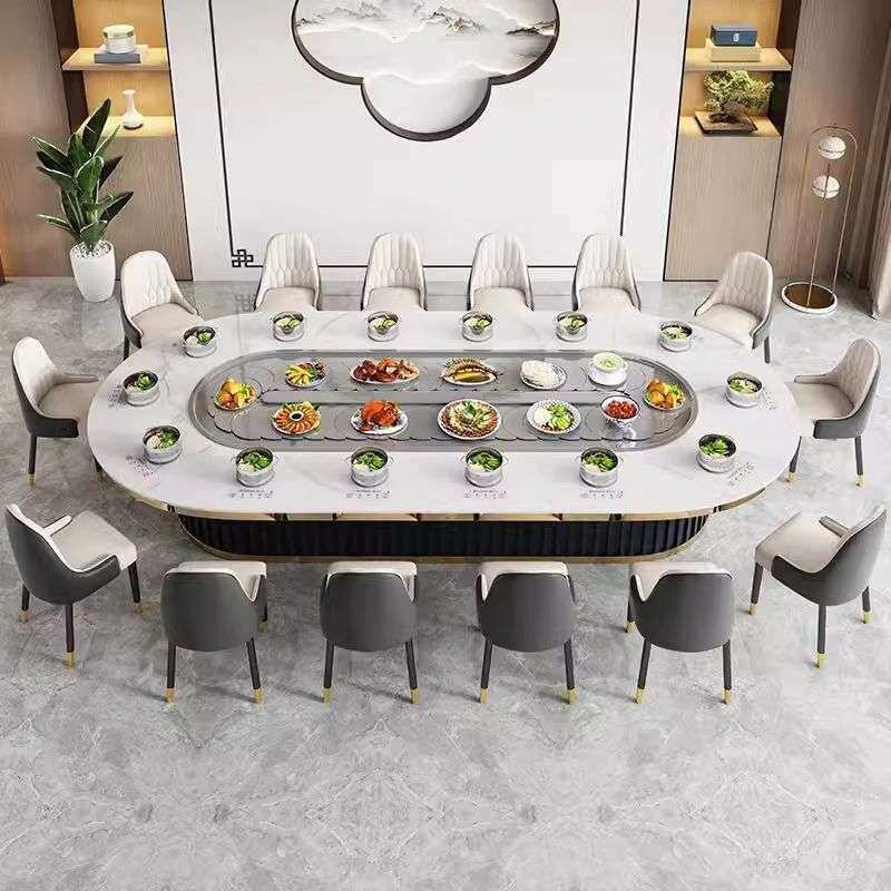 椭圆形岩板电动餐桌传送带自动旋转长方形电磁炉火锅桌子火锅专用