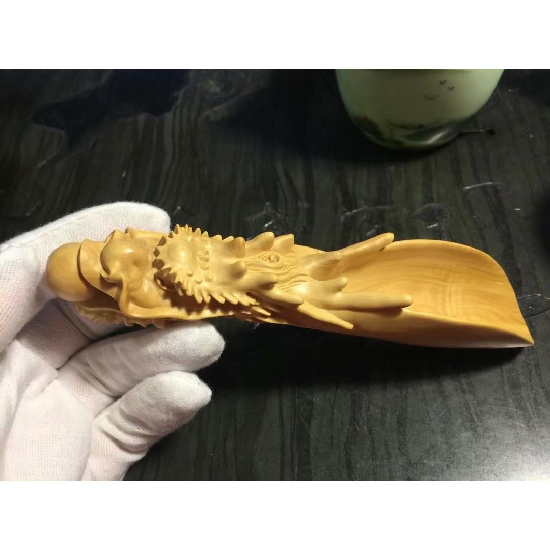 小叶黄杨木雕实木手把件居家雕刻工艺摆件陆羽龙头茶勺茶道用具