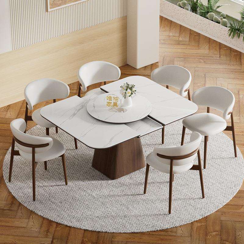 实木餐桌微晶石岩板长方形可伸缩正方形中古风家用小户型吃饭桌子