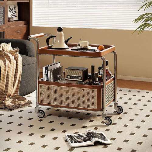 可移动边几小推车客厅沙发茶几边柜中古风实木床头收纳置物架餐车