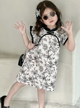 2023夏季女童新中式碎花旗袍裙宝宝复古中国风女孩水墨公主连身裙