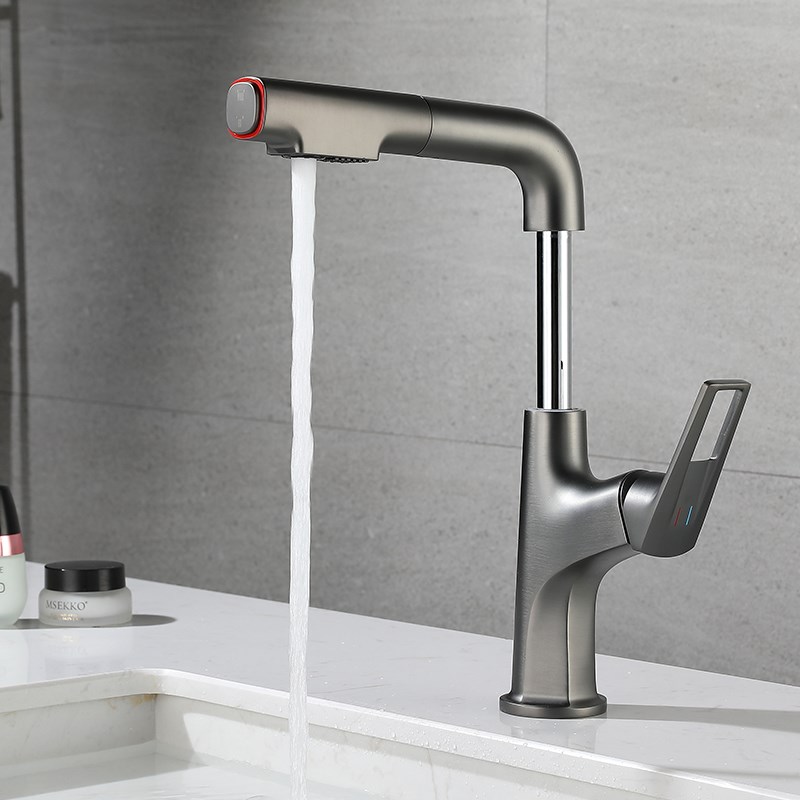 枪灰色洗脸盆水龙头家用升降抽拉式洗手盆卫生间台上面盆冷热水