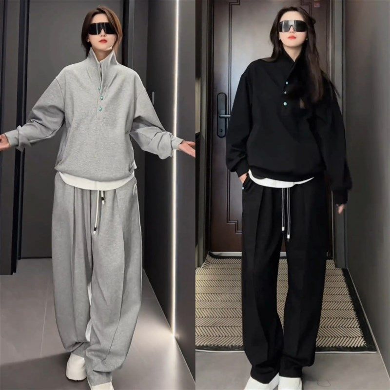 2025春季绿松石扣休闲运动套装男简约高档慵懒风卫衣卫裤两件套,男装,时尚套装,淘宝优惠券,粉丝福利购,淘宝优惠卷