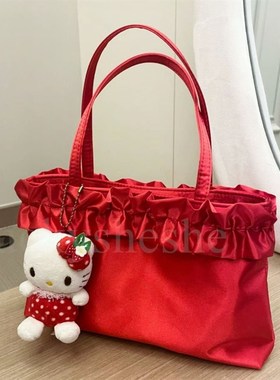 红色新娘包新年红丝绸复古蕾丝腋下包手拎手提托特小众hai单肩包