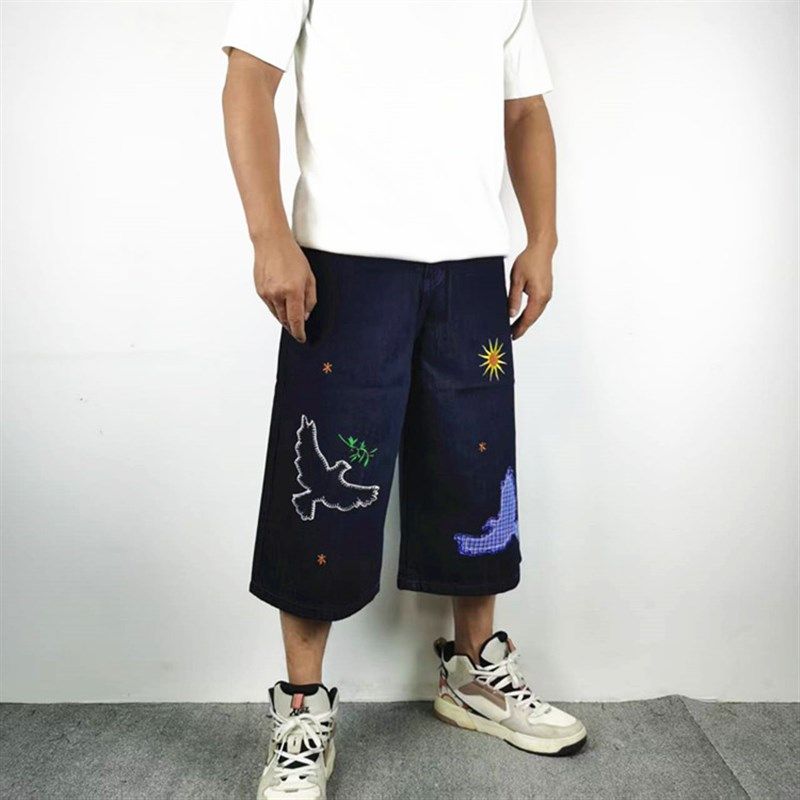 国潮小众高街刺绣贴布和平鸽工装牛仔裤男女宽松直筒休闲七分短裤,男装,牛仔裤,淘宝优惠券,粉丝福利购,淘宝优惠卷