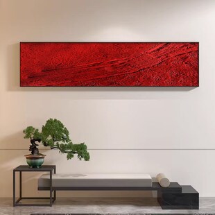 红色横版纯手绘油画客厅装饰画抽象极简卧室床头挂画细长条肌理画
