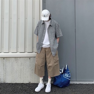 潮牌休闲裤夏季大口袋直筒五分裤子街头宽松大码薄款工装七分裤