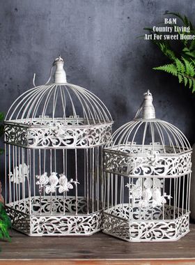 百亩家外贸法式乡村做旧铁艺套装鸟笼花器花园装饰品杂货吊饰摆件