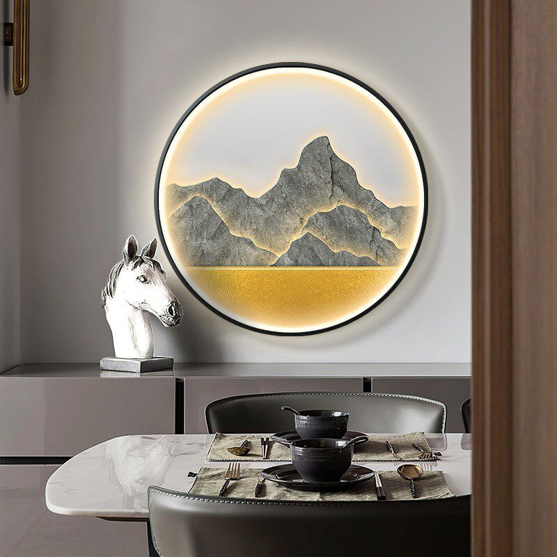 现代轻奢玄关装饰画茶室客厅岩板灯画入户走廊过道挂画圆形进门画