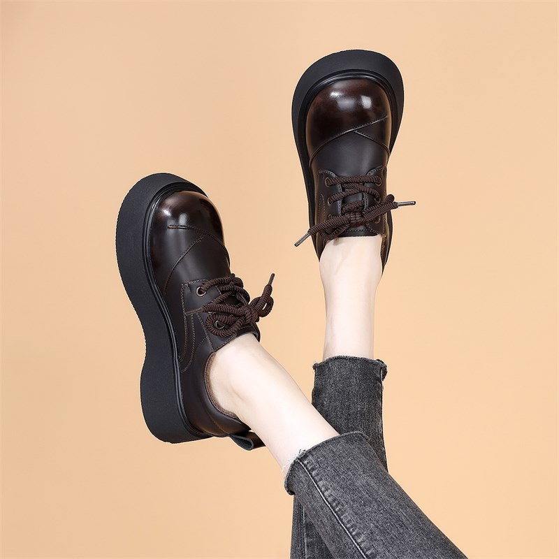 黑色百搭学院风小皮鞋女秋冬2024新款显瘦深口单棉鞋厚底系带英伦