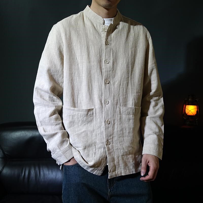 侧边盘扣立领中国风男款中山装长袖衬衫口袋宽松茶服禅服春秋衬衣,男装,中山装,淘宝优惠券,粉丝福利购,淘宝优惠卷