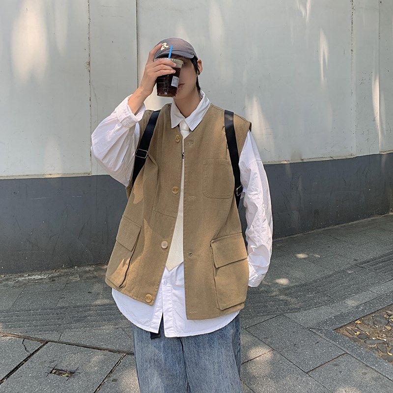 潮牌工装无袖马甲男日系多口袋外穿坎肩背心复古中性宽松学生外套,男装,常规马甲,淘宝优惠券,粉丝福利购,淘宝优惠卷